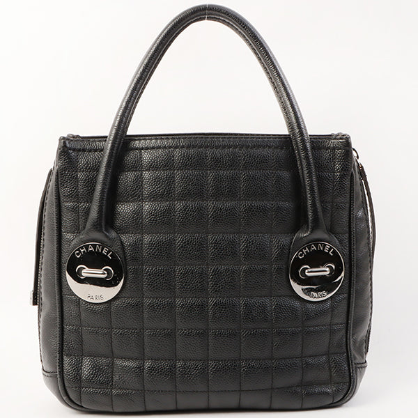 Chanel Around 2004 Made Caviar Skin Big Logo Button Motif Handle Bag Black
