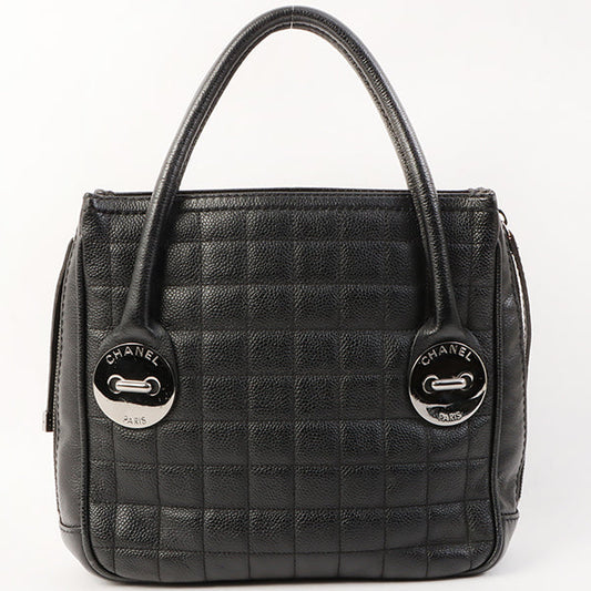 Chanel Around 2004 Made Caviar Skin Big Logo Button Motif Handle Bag Black