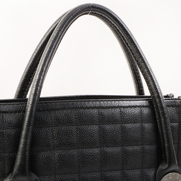 Chanel Around 2004 Made Caviar Skin Big Logo Button Motif Handle Bag Black