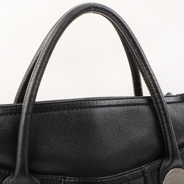Chanel Around 2004 Made Caviar Skin Big Logo Button Motif Handle Bag Black