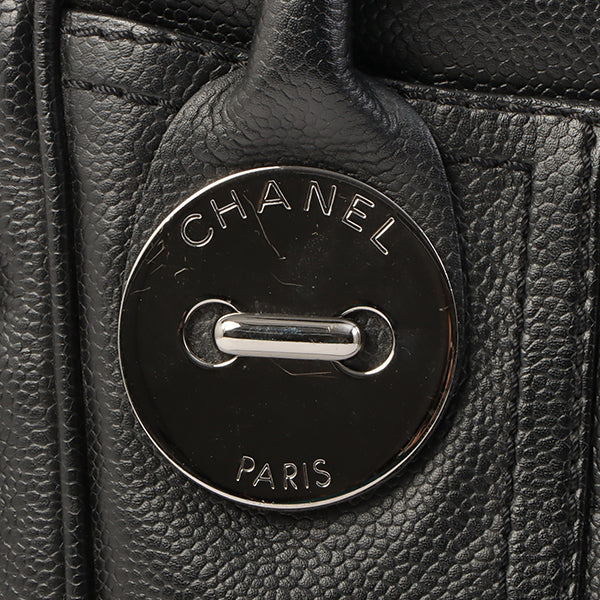 Chanel Around 2004 Made Caviar Skin Big Logo Button Motif Handle Bag Black