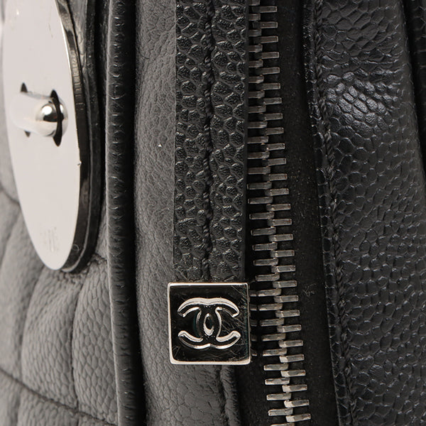 Chanel Around 2004 Made Caviar Skin Big Logo Button Motif Handle Bag Black