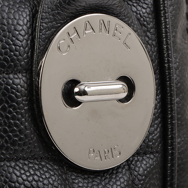 Chanel Around 2004 Made Caviar Skin Big Logo Button Motif Handle Bag Black