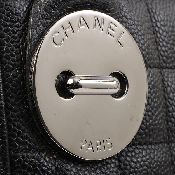Chanel Around 2004 Made Caviar Skin Big Logo Button Motif Handle Bag Black
