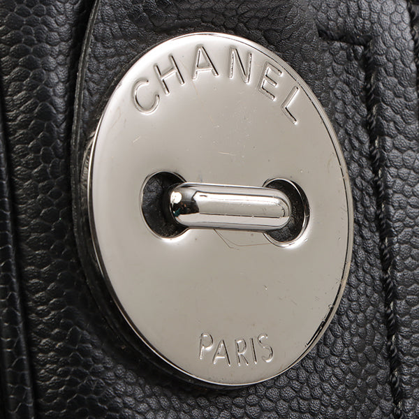 Chanel Around 2004 Made Caviar Skin Big Logo Button Motif Handle Bag Black