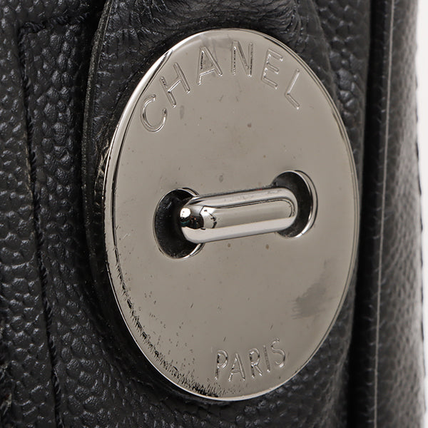 Chanel Around 2004 Made Caviar Skin Big Logo Button Motif Handle Bag Black