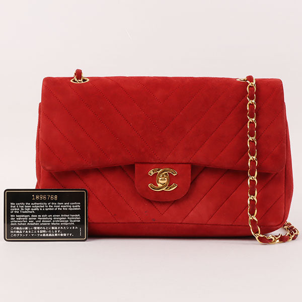 CHANEL Around 1990 Made Suede V Stitch Classic Flap Chain Bag 25Cm Red