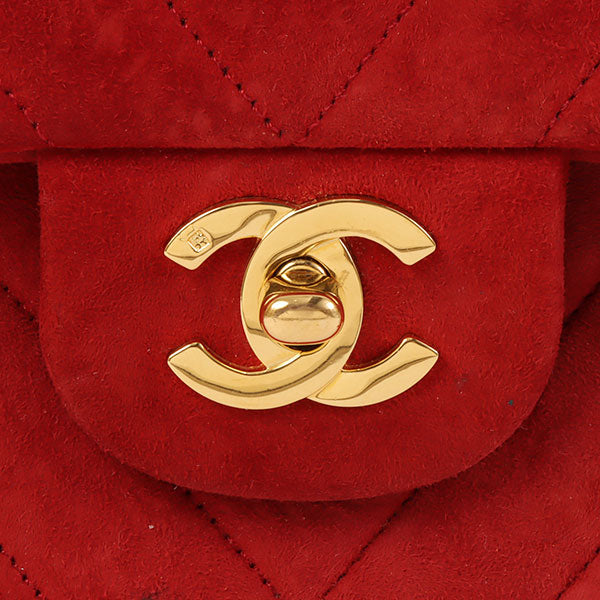 CHANEL Around 1990 Made Suede V Stitch Classic Flap Chain Bag 25Cm Red