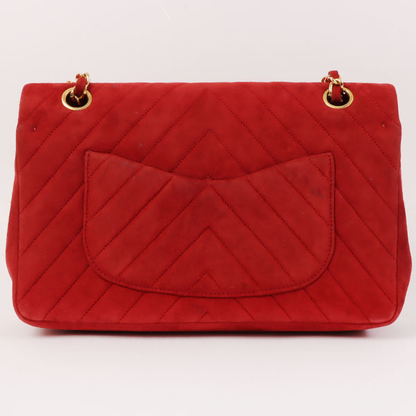 CHANEL Around 1990 Made Suede V Stitch Classic Flap Chain Bag 25Cm Red