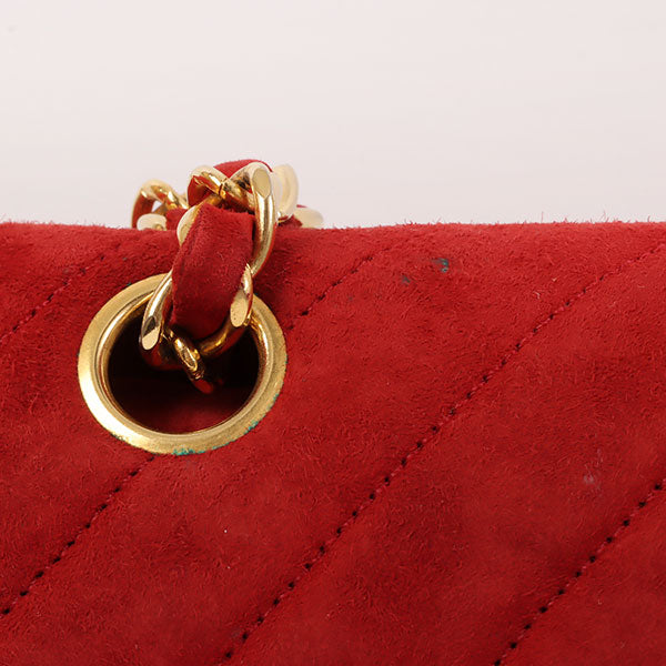 CHANEL Around 1990 Made Suede V Stitch Classic Flap Chain Bag 25Cm Red