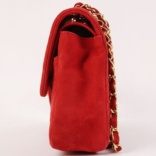 CHANEL Around 1990 Made Suede V Stitch Classic Flap Chain Bag 25Cm Red