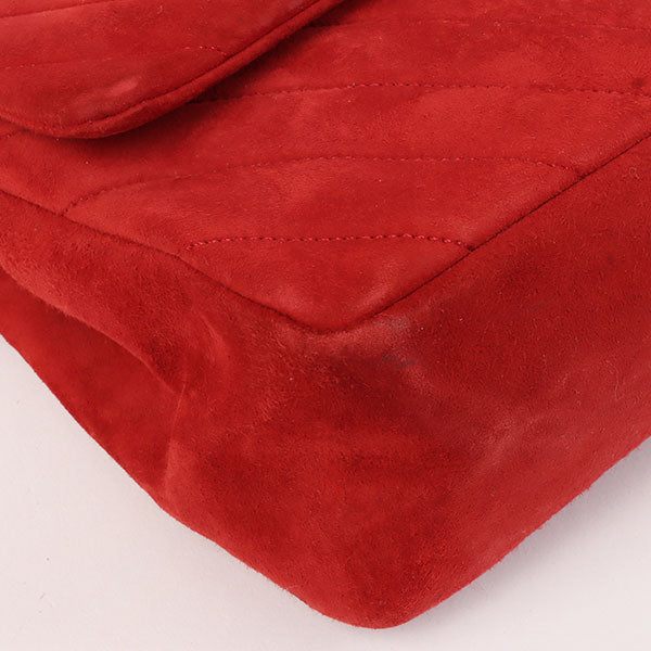 CHANEL Around 1990 Made Suede V Stitch Classic Flap Chain Bag 25Cm Red