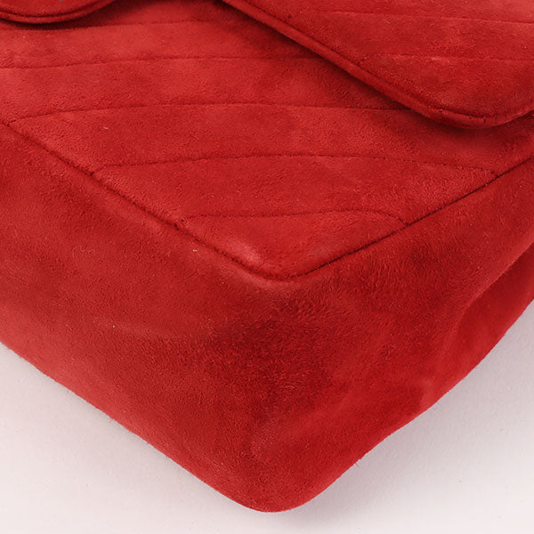 CHANEL Around 1990 Made Suede V Stitch Classic Flap Chain Bag 25Cm Red