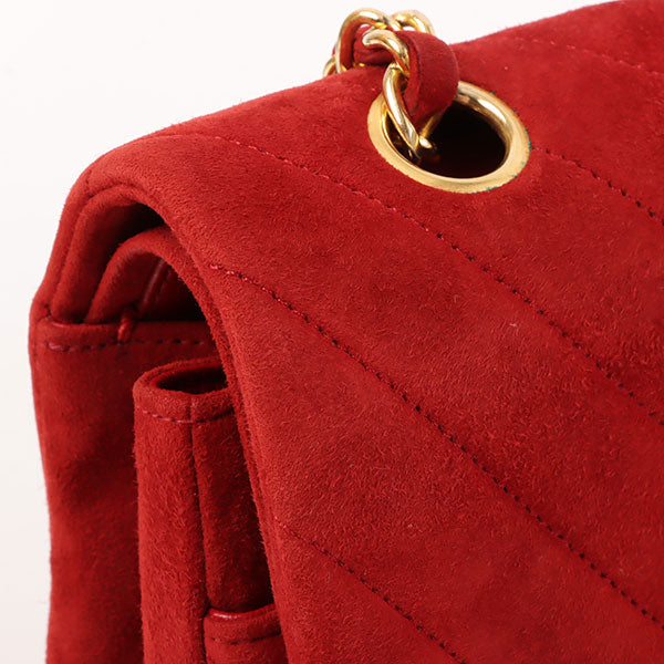 CHANEL Around 1990 Made Suede V Stitch Classic Flap Chain Bag 25Cm Red