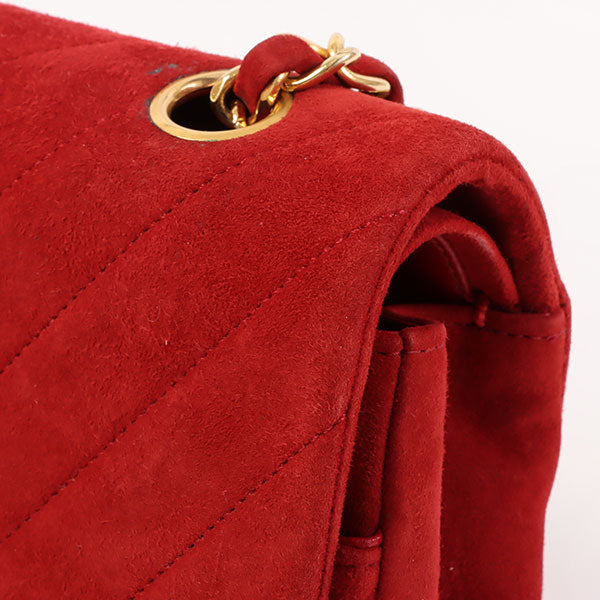 CHANEL Around 1990 Made Suede V Stitch Classic Flap Chain Bag 25Cm Red