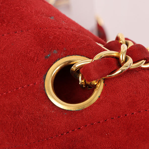 CHANEL Around 1990 Made Suede V Stitch Classic Flap Chain Bag 25Cm Red