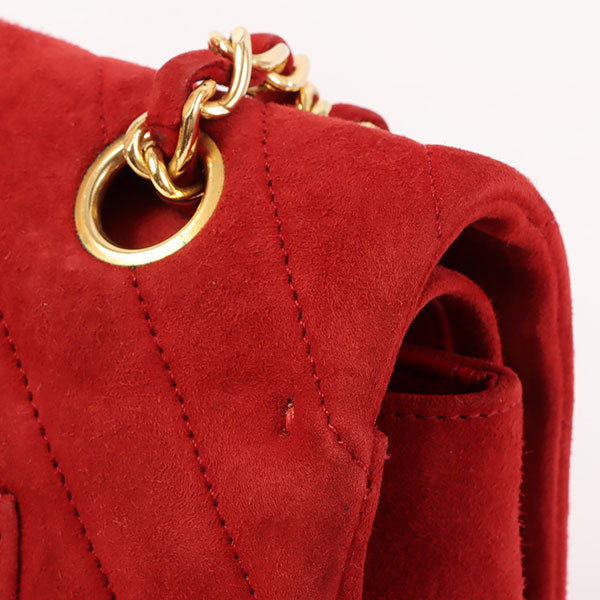 CHANEL Around 1990 Made Suede V Stitch Classic Flap Chain Bag 25Cm Red