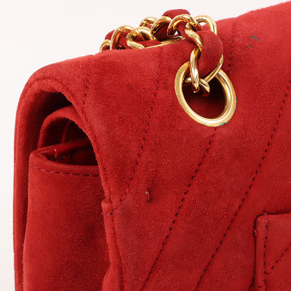 CHANEL Around 1990 Made Suede V Stitch Classic Flap Chain Bag 25Cm Red