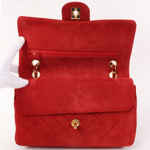 CHANEL Around 1990 Made Suede V Stitch Classic Flap Chain Bag 25Cm Red