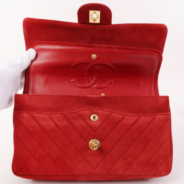 CHANEL Around 1990 Made Suede V Stitch Classic Flap Chain Bag 25Cm Red