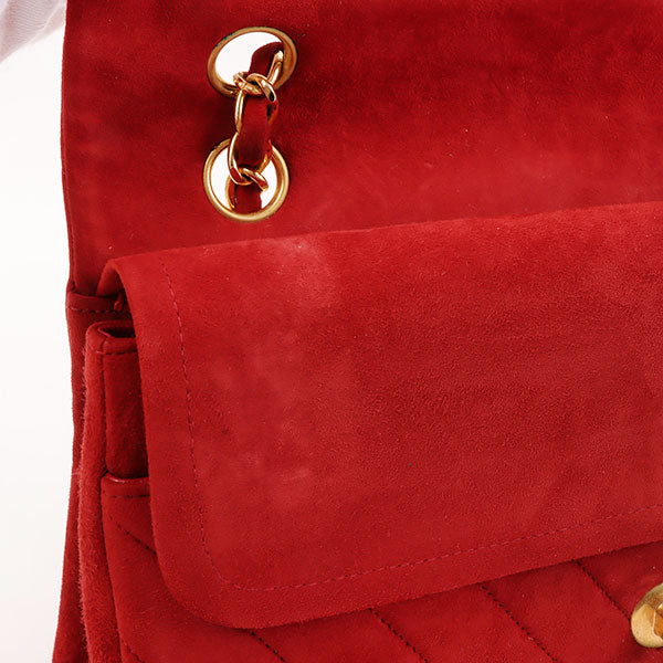 CHANEL Around 1990 Made Suede V Stitch Classic Flap Chain Bag 25Cm Red