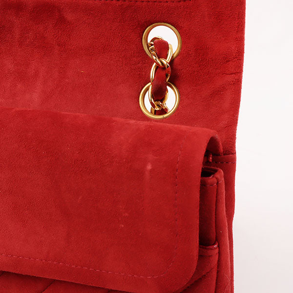 CHANEL Around 1990 Made Suede V Stitch Classic Flap Chain Bag 25Cm Red