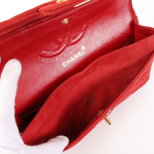 CHANEL Around 1990 Made Suede V Stitch Classic Flap Chain Bag 25Cm Red