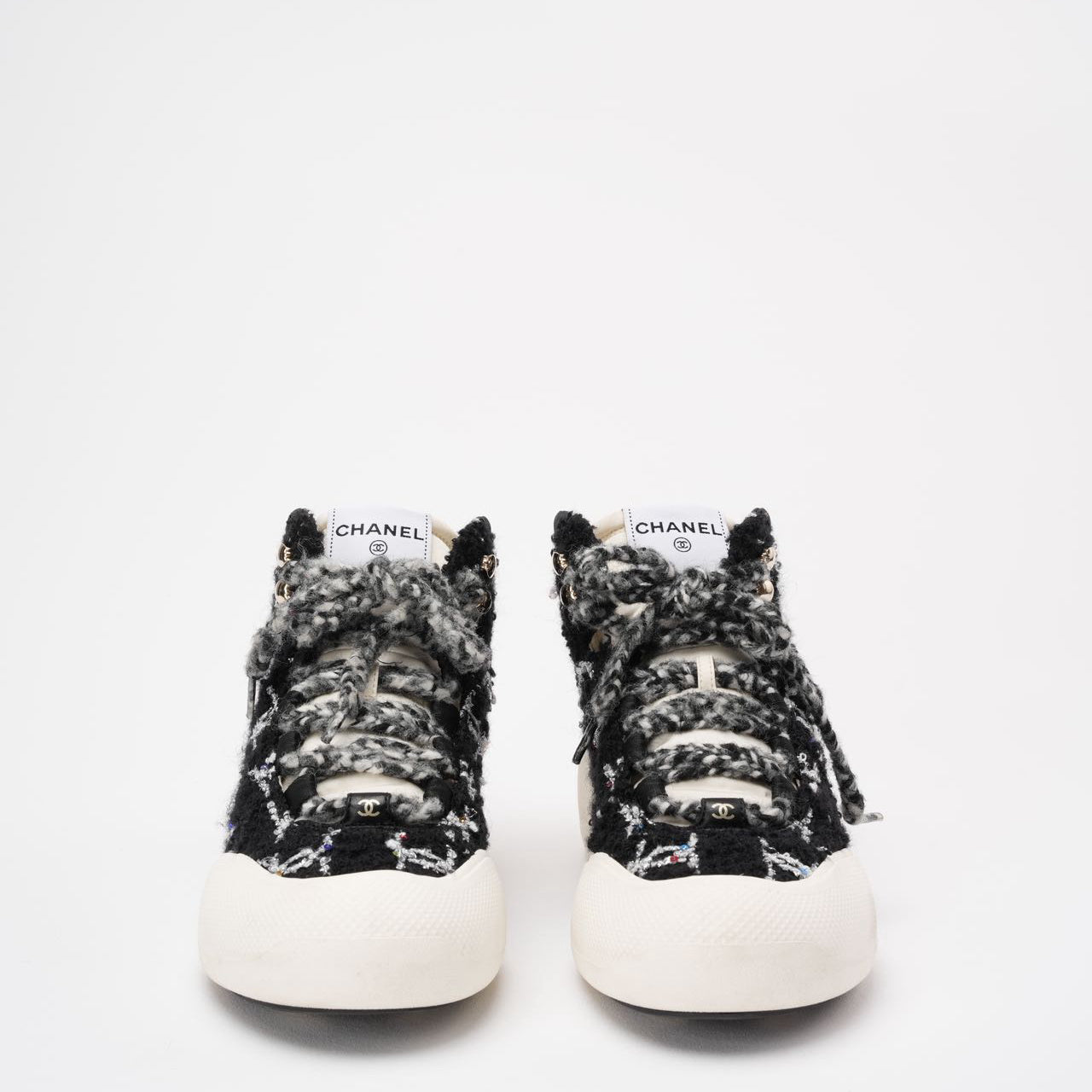 Chanel Black Tweed CC High Top Snow Sneakers Size 39 ½