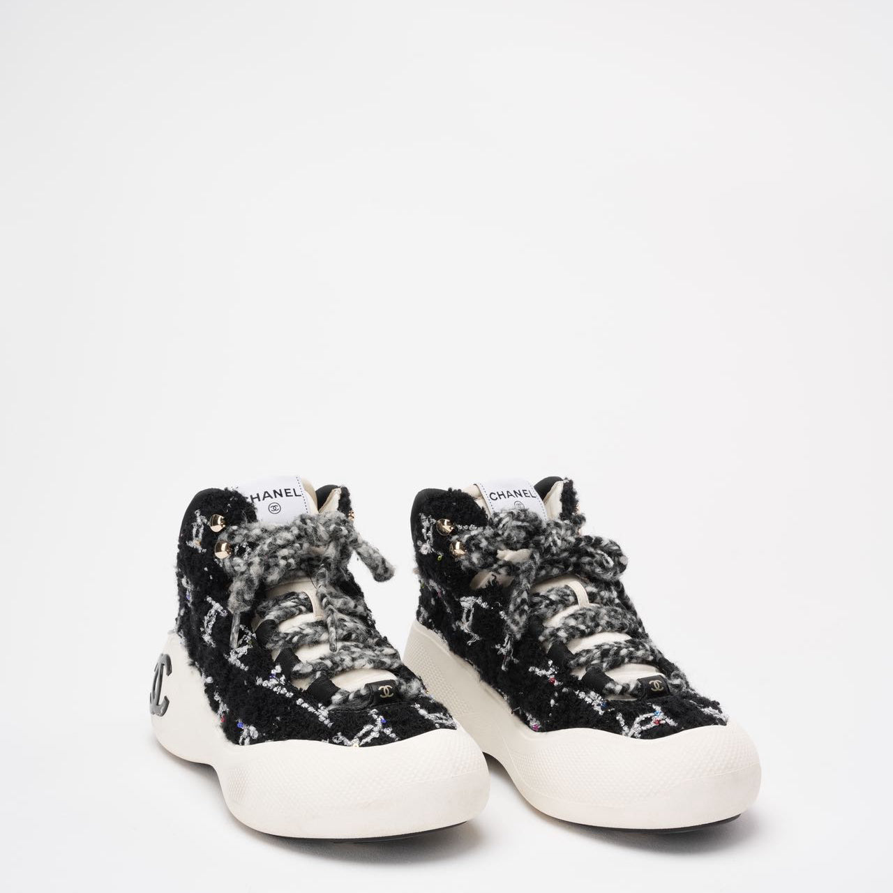 Chanel Black Tweed CC High Top Snow Sneakers Size 39 ½