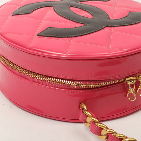 Chanel Around 1995 Made Patent Round Design Cc Mark Vanity Fuchsia Pink