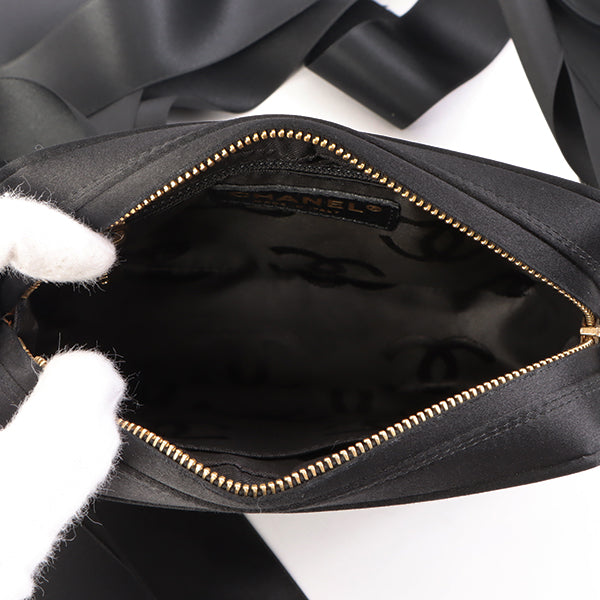 Chanel Around 2005 Made Silk Satin Cc Mark Plate Ribbon Shoulder Bag Black