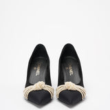 Chanel Black Suede Pearl Grosgrain Pumps size 38½