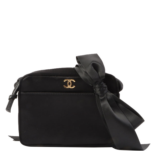 Chanel Around 2005 Made Silk Satin Cc Mark Plate Ribbon Shoulder Bag Black