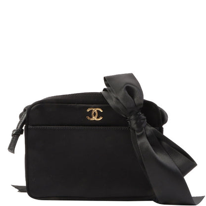 Chanel Around 2005 Made Silk Satin Cc Mark Plate Ribbon Shoulder Bag Black