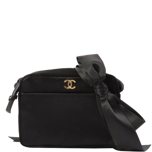 Chanel Around 2005 Made Silk Satin Cc Mark Plate Ribbon Shoulder Bag Black