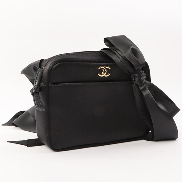 Chanel Around 2005 Made Silk Satin Cc Mark Plate Ribbon Shoulder Bag Black