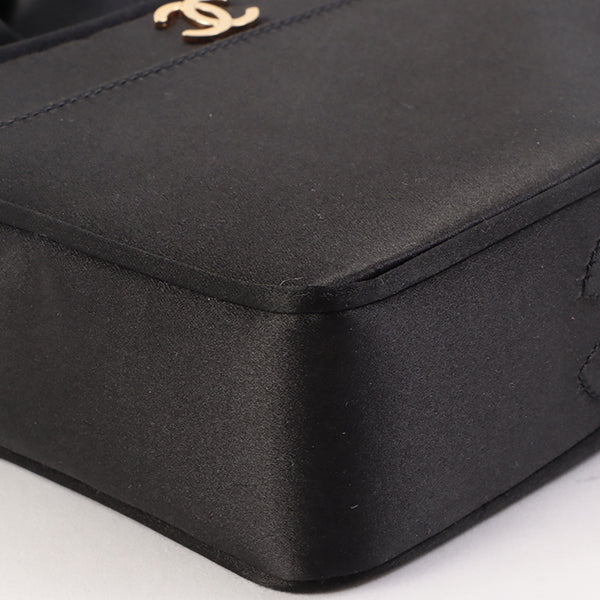 Chanel Around 2005 Made Silk Satin Cc Mark Plate Ribbon Shoulder Bag Black