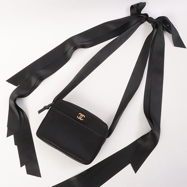 Chanel Around 2005 Made Silk Satin Cc Mark Plate Ribbon Shoulder Bag Black