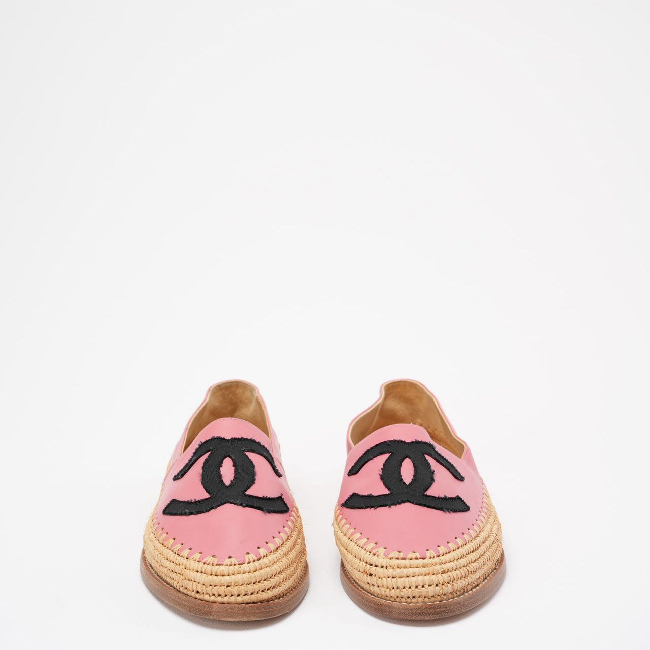 Chanel Pink / Black Lambskin Leather CC Espadrille Flats Size 38