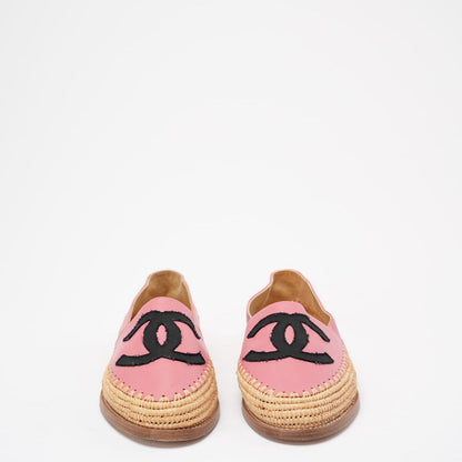 Chanel Pink / Black Lambskin Leather CC Espadrille Flats Size 38