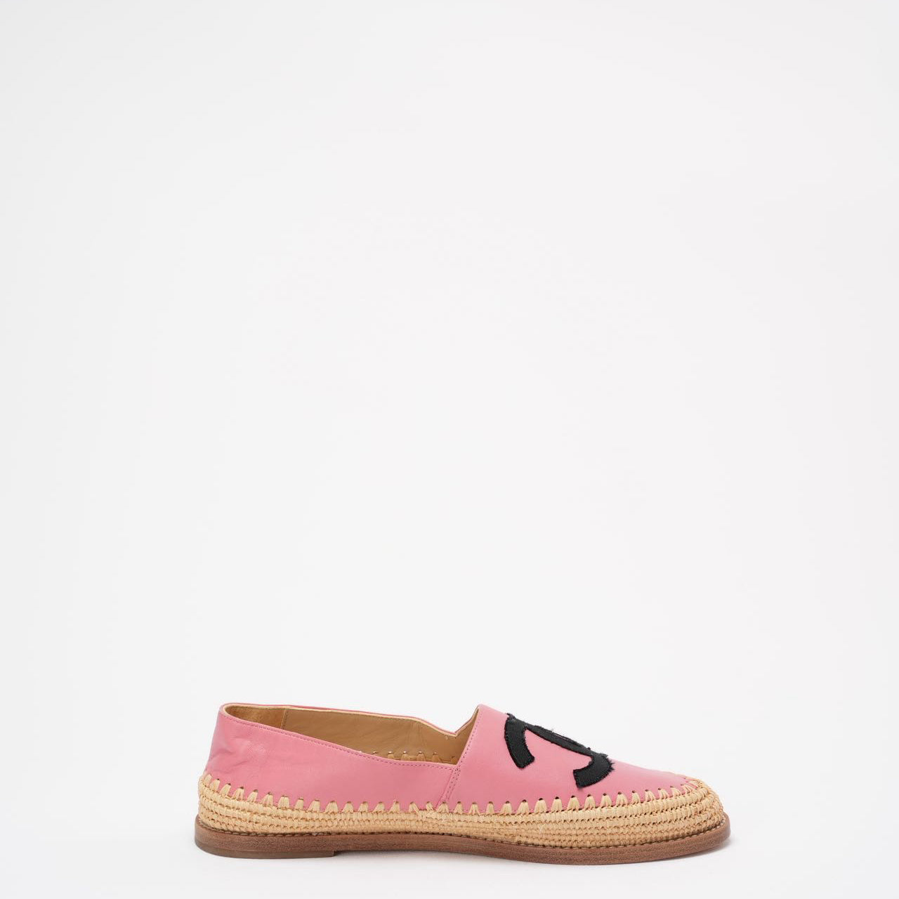 Chanel Pink / Black Lambskin Leather CC Espadrille Flats Size 38