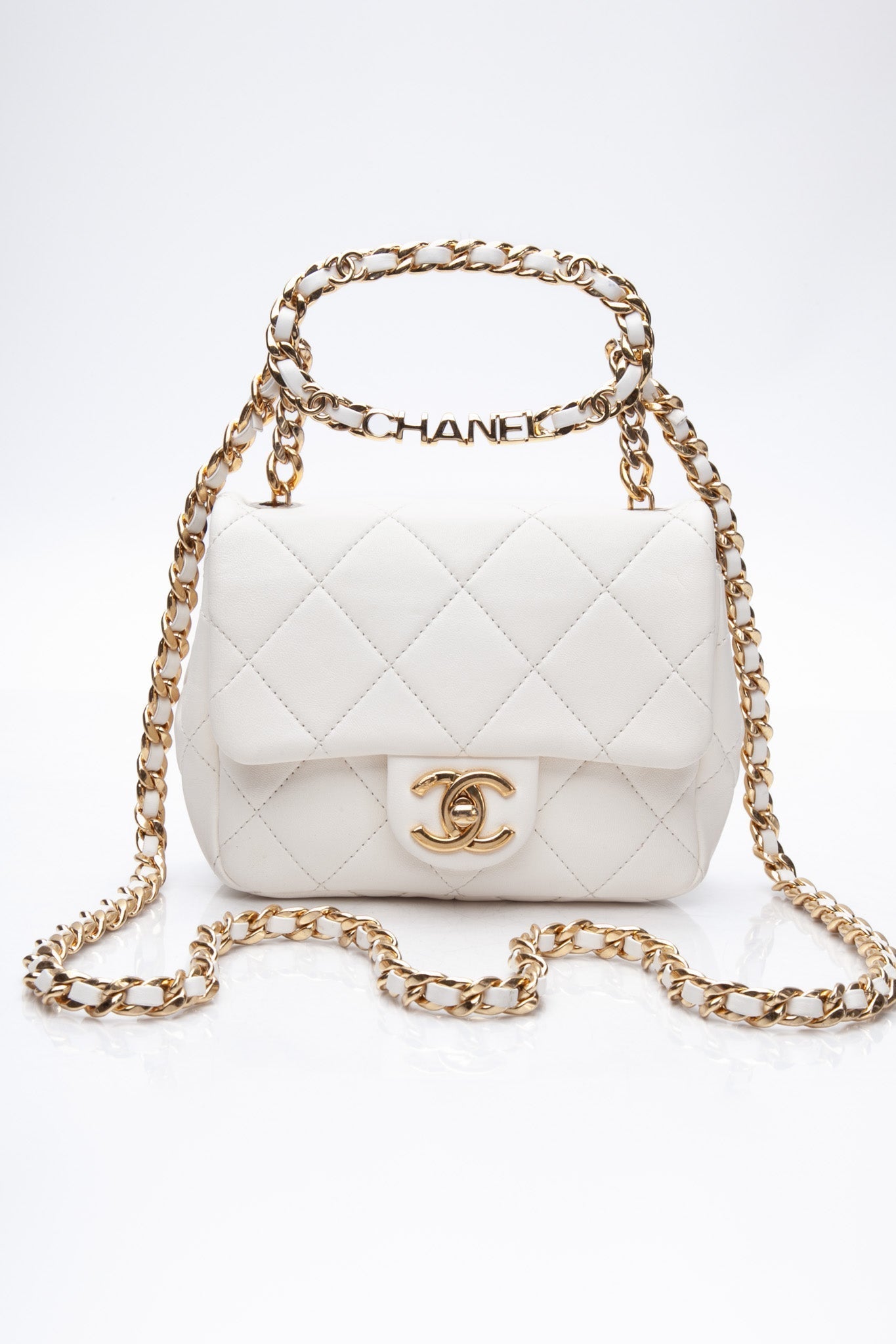 CHANEL White Metal Quilted Lambskin Leather Mini Top Handle Square Flap Bag