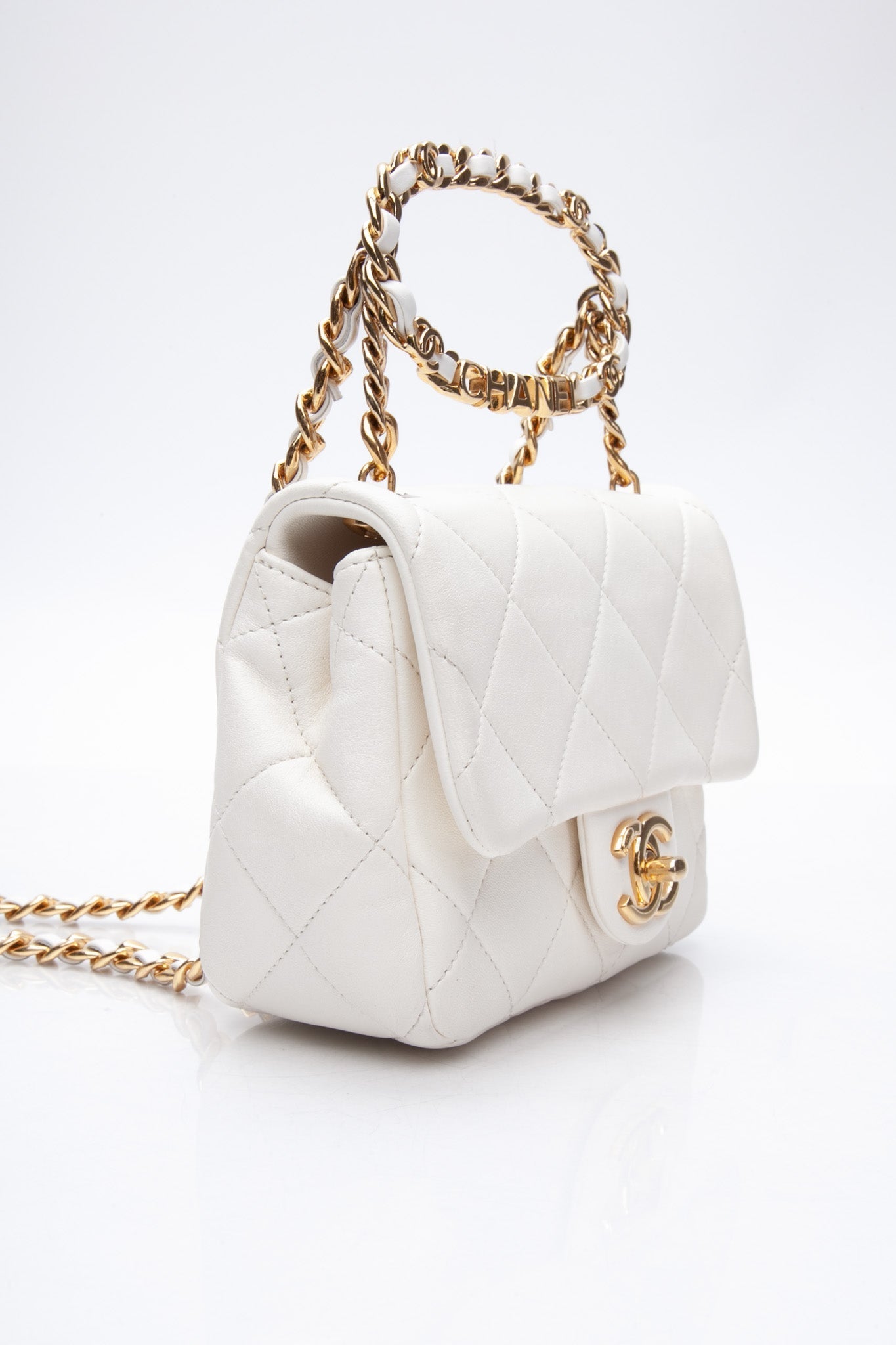 CHANEL White Metal Quilted Lambskin Leather Mini Top Handle Square Flap Bag