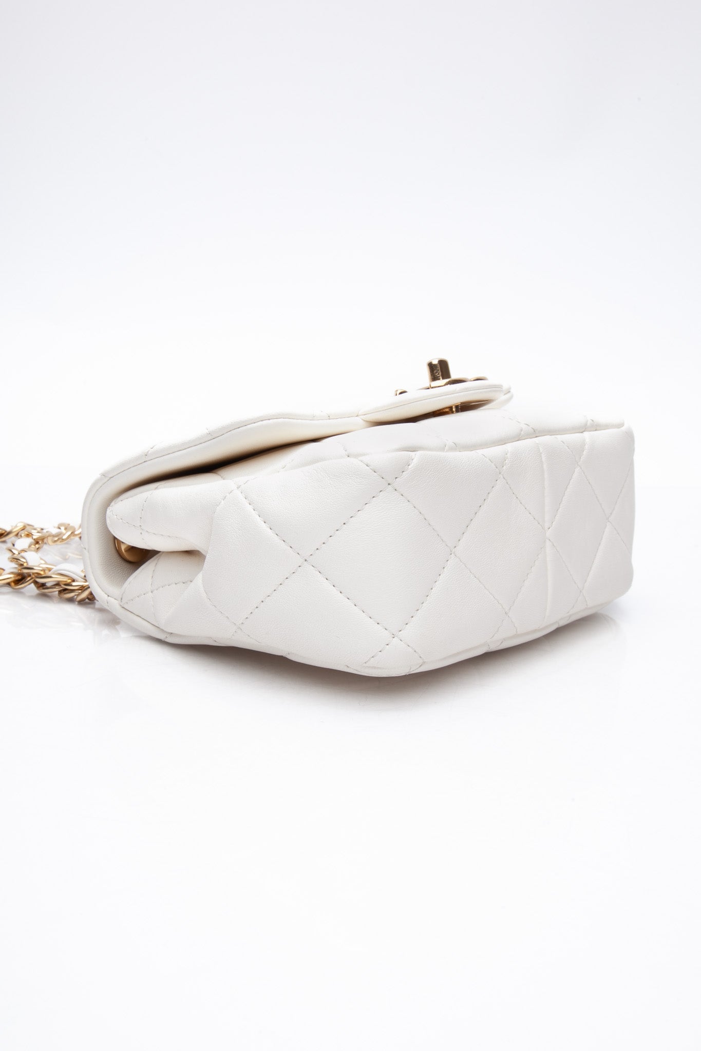 CHANEL White Metal Quilted Lambskin Leather Mini Top Handle Square Flap Bag