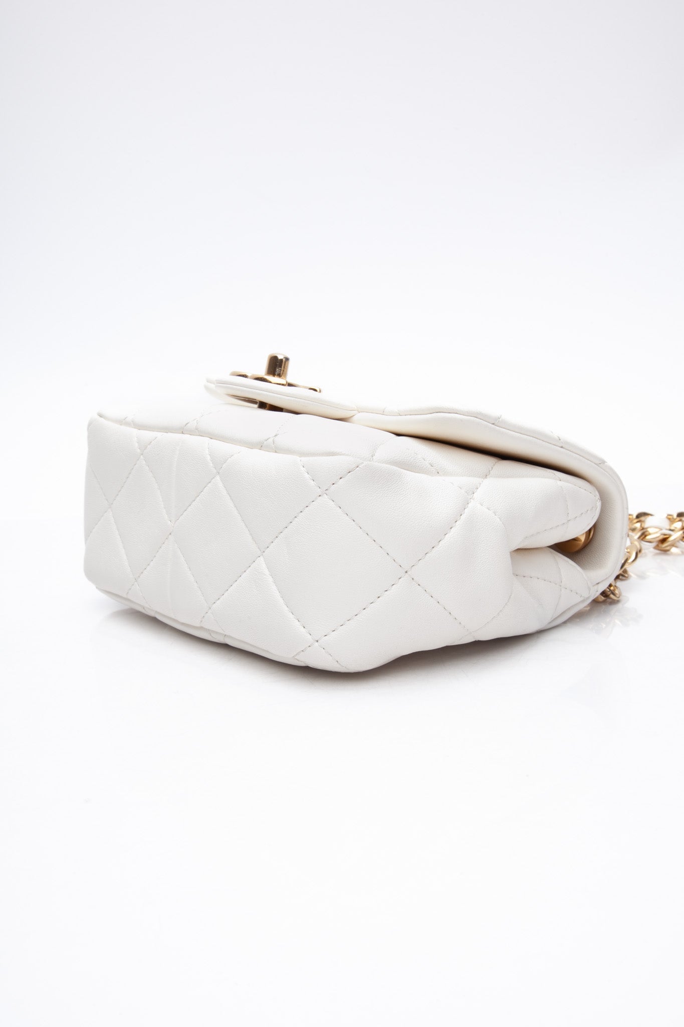 CHANEL White Metal Quilted Lambskin Leather Mini Top Handle Square Flap Bag