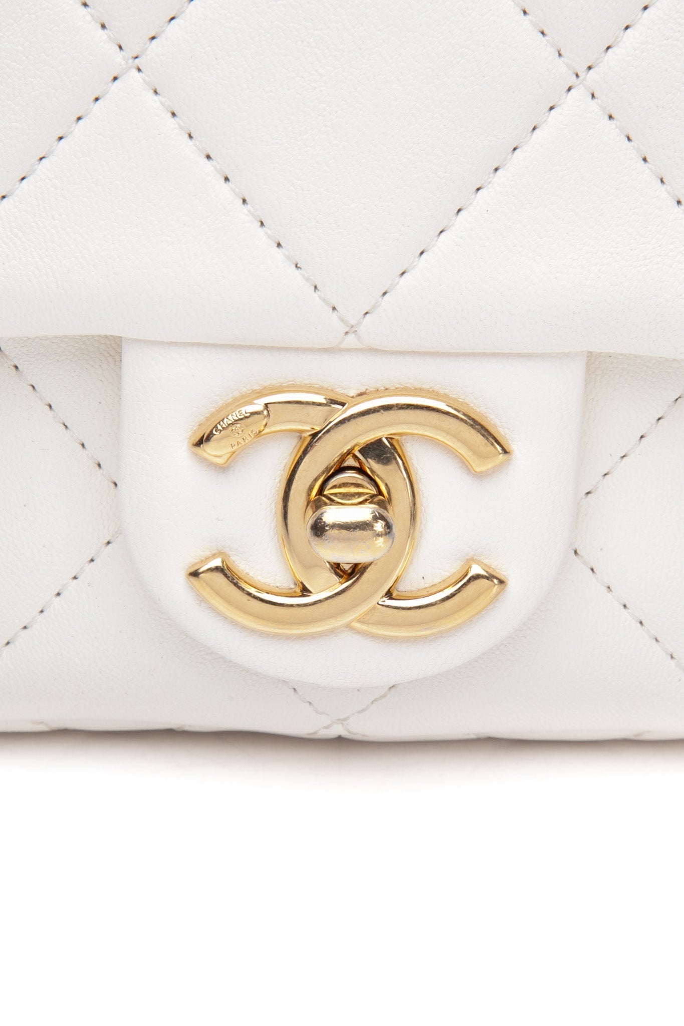 CHANEL White Metal Quilted Lambskin Leather Mini Top Handle Square Flap Bag