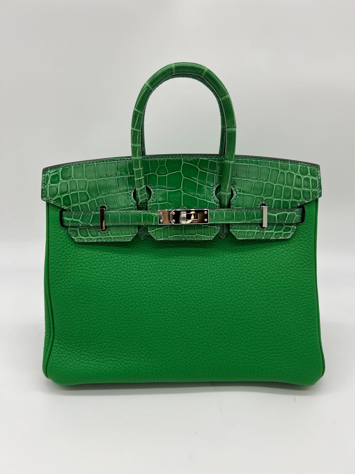 Luxury Hermes Birkin 25 Shiny Crocodile and Togo Vert Bambou Palladium Hardware