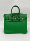 Luxury Hermes Birkin 25 Shiny Crocodile and Togo Vert Bambou Palladium Hardware