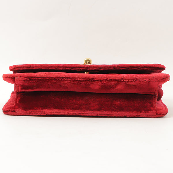 Chanel Around 1992 Made Velour Straight Flap Turn-Lock Mini Chain Bag Red
