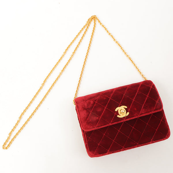 Chanel Around 1992 Made Velour Straight Flap Turn-Lock Mini Chain Bag Red